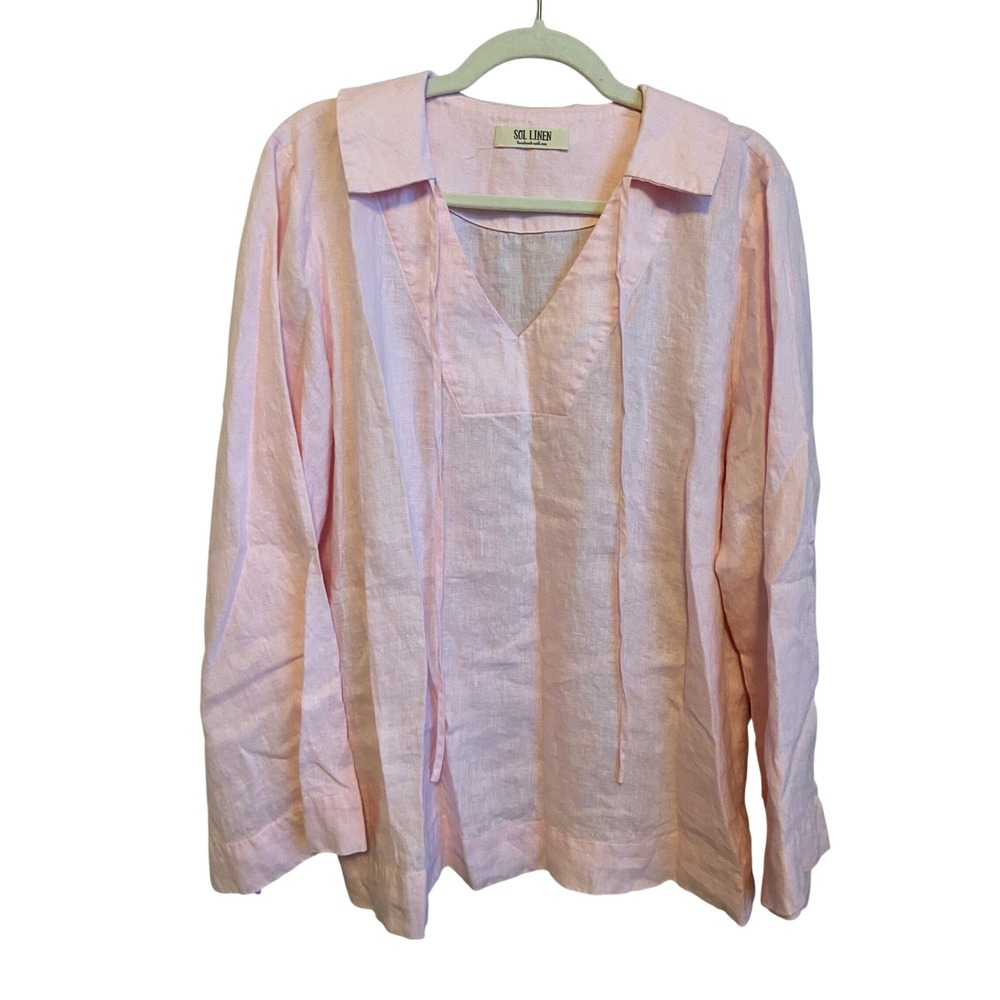 Sol Linen Pink Long Sleeve V-Neck Tie Tunic Blouse Handmade Relaxed Fit Top